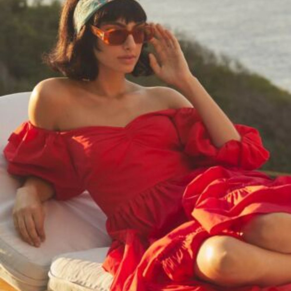 ATSU Off-The-Shoulder Poplin Midi Dress Red Anthropologie
